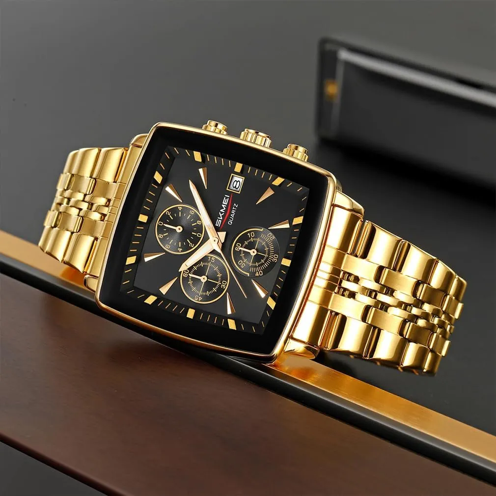Face Fathers Dad Gifts Gold Black Wrist Watches SKMEI Square soft burgess meet fetus incursion transaction Watch for Men Business Stainless Dress Fashion Waterproof Luxury Analog Simple Large Big 