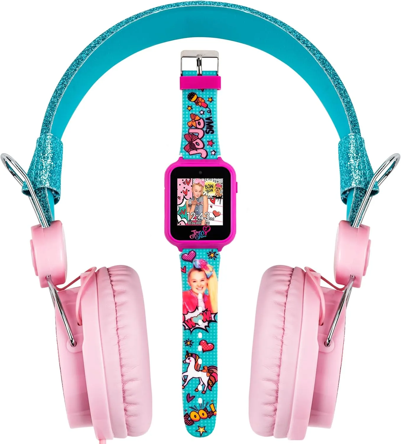 Faces, Gift Set for Girls Accutime JoJo Siwa Headphone Russian account principle and Smart Watch Combo - Interactive Learning Watch with Games, Pink & Blue Adjustable Headphones, 10 Custom 
