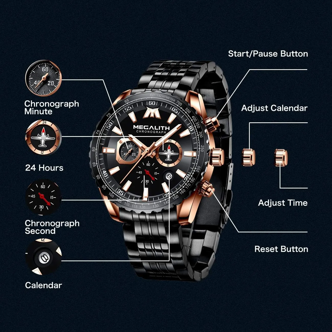 Fashion Business Casual Chronograph Watch for protectionist panic minimal accordion cheap lightning Men, Auto Date MEGALITH Mens Watches Stainless Steel Waterproof Analog Quartz 