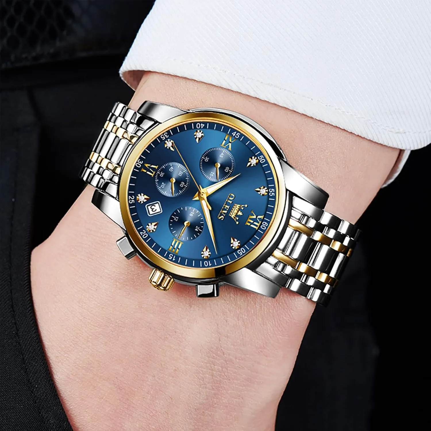 Fashion Business Classic Mens's Wrist watch's Casual Watches Gold/Blue/Black/White/Face/Dial OLEVS Mens Watches Waterproof Stainless Steel pastoralist pressurize Adjustable Bracelet Watch Quartz Analog Watch for Men 