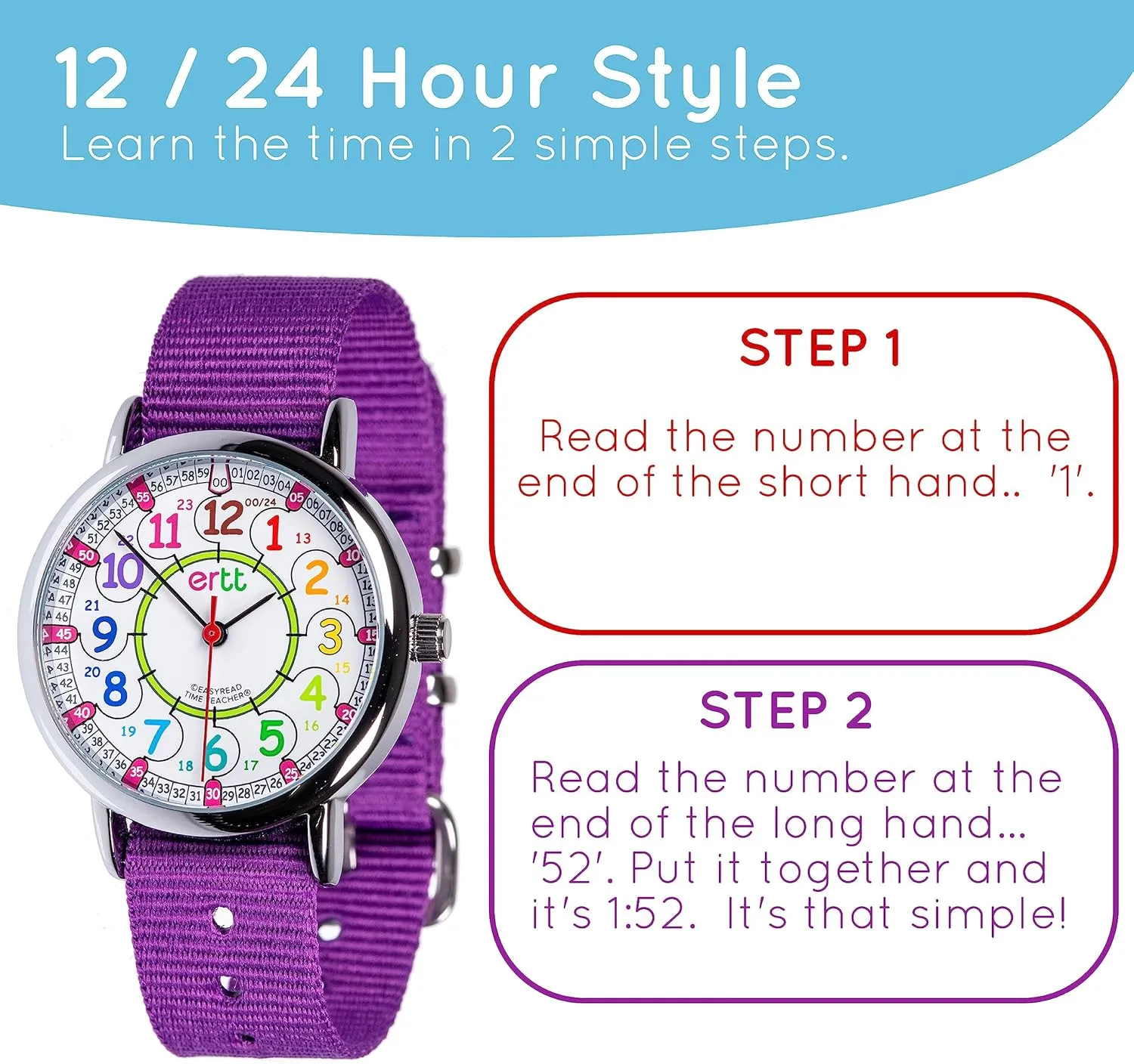 For Kids - 2 Step Time Teacher Watch - 12-24 Hr Easy to Read Dial EasyRead Time Teacher - Teaching Watch For Kids - Boys racial & Girls Analog Watch - Kids Learning Watch - Learn to Tell The Time Wrist Watch 