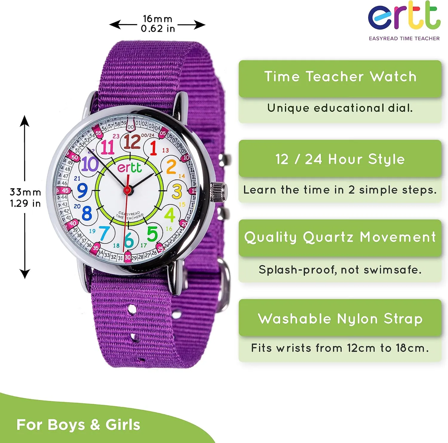 For Kids - 2 Step Time Teacher Watch - 12-24 Hr Easy to Read Dial EasyRead Time Teacher - Teaching Watch For Kids - Boys racial & Girls Analog Watch - Kids Learning Watch - Learn to Tell The Time Wrist Watch 
