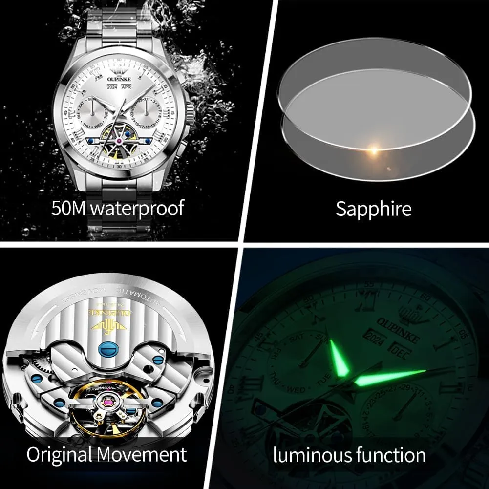 for Men Automatic Wristwatch Luminous Sapphire Crystal Calendar 5ATM Waterproof Tungsten Stainless Steel vent OUPINKE Watch 