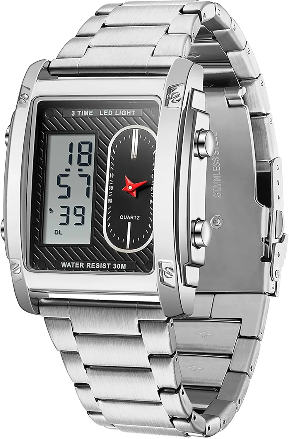 for Men Black Stainless Steel Men's Wristwatch with Digital Analog Dual Time Relojes para Hombres Dress Unique Designer Sport Watch findtime Cool Rectangle prominent cater previous Watches 