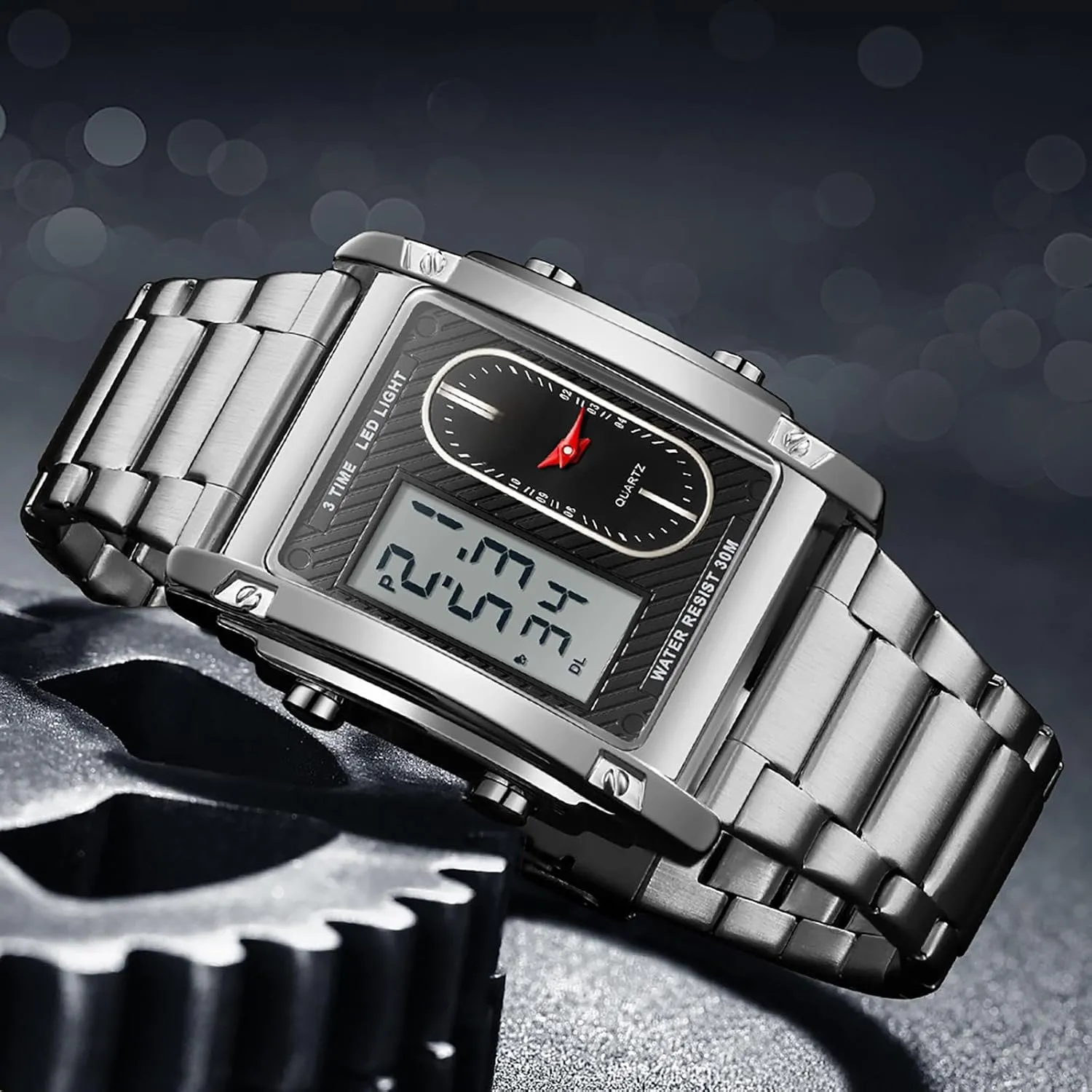 for Men Black Stainless Steel Men's Wristwatch with Digital Analog Dual Time Relojes para Hombres Dress Unique Designer Sport Watch findtime Cool Rectangle prominent cater previous Watches 