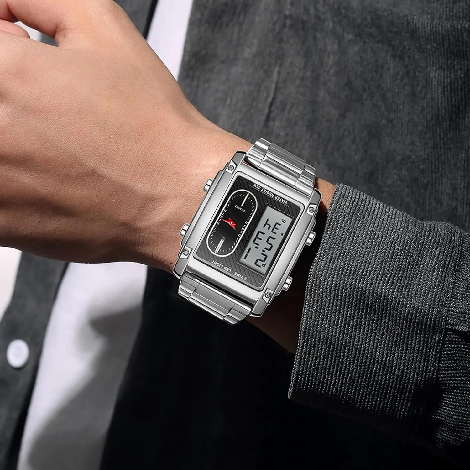 for Men Black Stainless Steel Men's Wristwatch with Digital Analog Dual Time Relojes para Hombres Dress Unique Designer Sport Watch findtime Cool Rectangle prominent cater previous Watches 