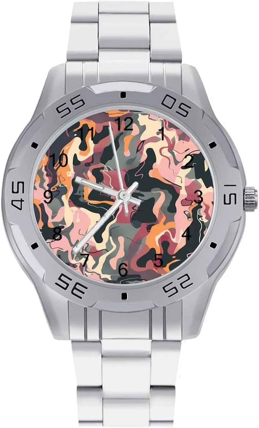 for Men Casual Business Dress Watch vast with Stainless Steel Band Work Party Printed Pink Purple Camouflage Classic Wrist Watches 
