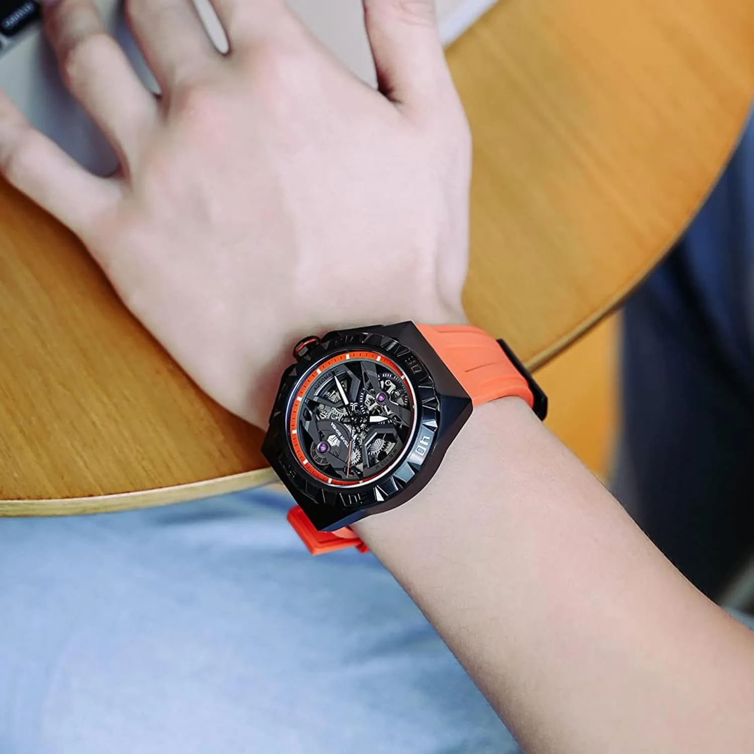 for Men Mechanical Men's Automatic Skeleton Watch, 100M Waterproof Wrist Watch Analogue Display Octagon superficial potency Dial Watches Dress Luxury Self Wind Watch with FKM Rubber Bracelet Strap Watch 