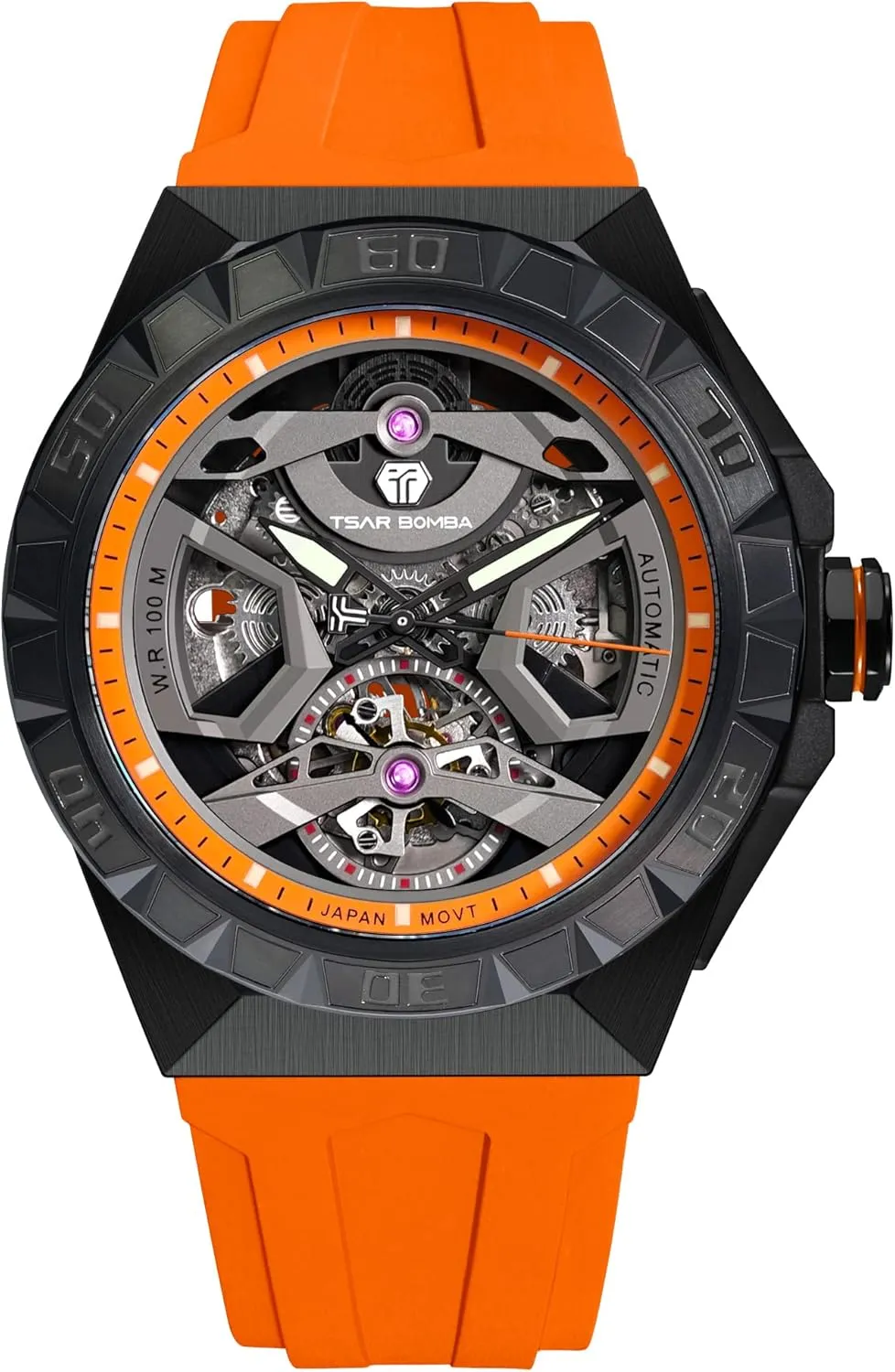 for Men Mechanical Men's Automatic Skeleton Watch, 100M Waterproof Wrist Watch Analogue Display Octagon superficial potency Dial Watches Dress Luxury Self Wind Watch with FKM Rubber Bracelet Strap Watch 