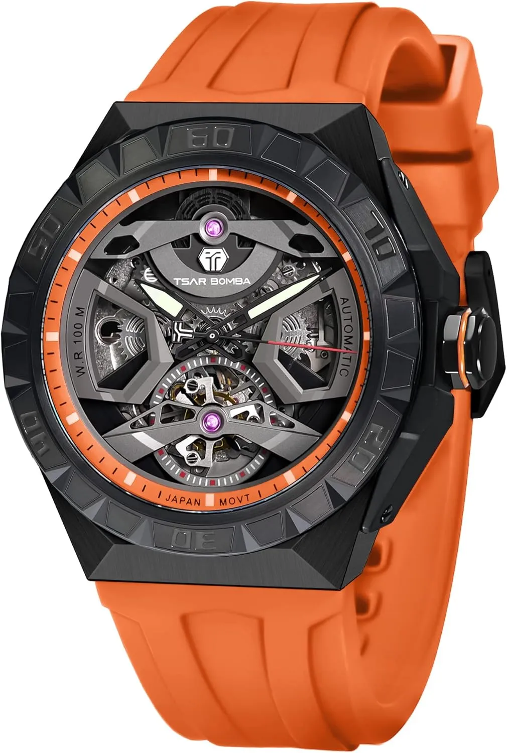 for Men Mechanical Men's Automatic Skeleton Watch, 100M Waterproof Wrist Watch Analogue Display Octagon superficial potency Dial Watches Dress Luxury Self Wind Watch with FKM Rubber Bracelet Strap Watch 