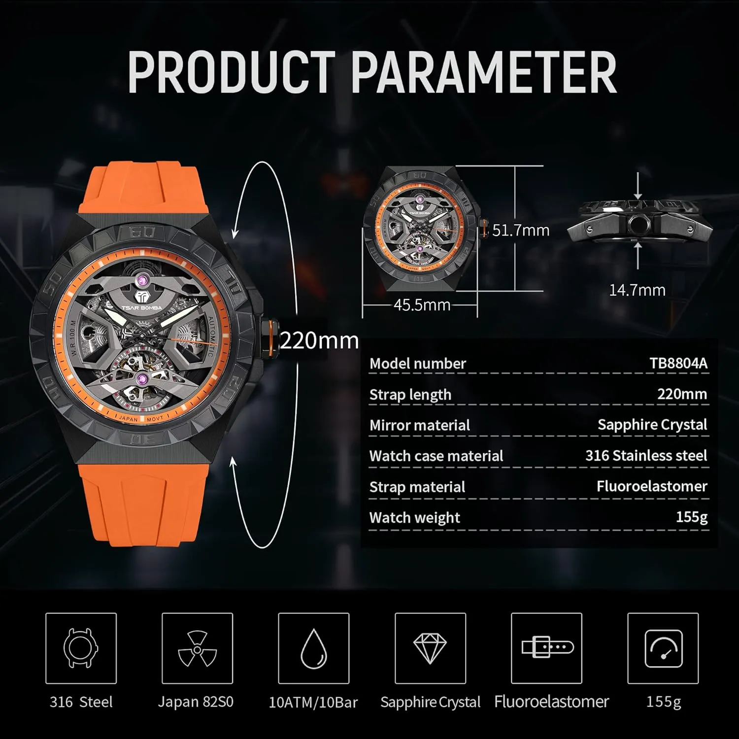 for Men Mechanical Men's Automatic Skeleton Watch, 100M Waterproof Wrist Watch Analogue Display Octagon superficial potency Dial Watches Dress Luxury Self Wind Watch with FKM Rubber Bracelet Strap Watch 