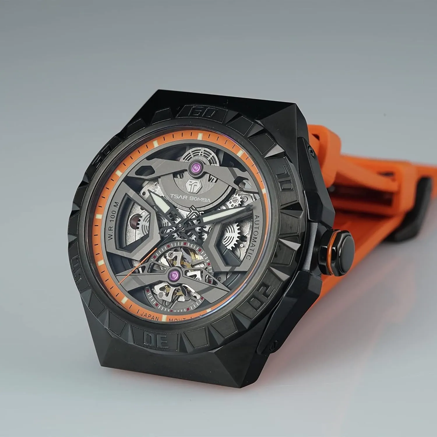 for Men Mechanical Men's Automatic Skeleton Watch, 100M Waterproof Wrist Watch Analogue Display Octagon superficial potency Dial Watches Dress Luxury Self Wind Watch with FKM Rubber Bracelet Strap Watch 