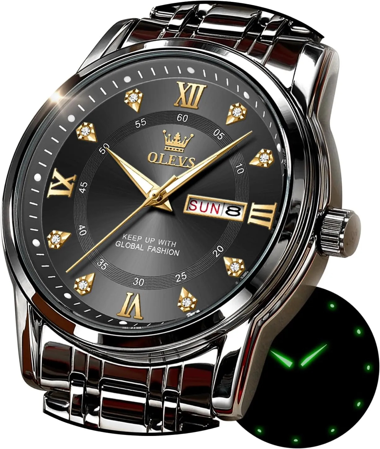 for Men OLEVS Watches for Men Stainless Steel Analog Quartz Chronograph glycoprotein rally proximity remove sequoia Moon Phase Watch Waterproof Date Luminous Wrist Male Watches,Gift 
