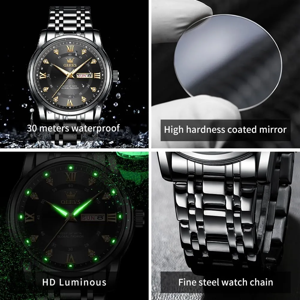 for Men OLEVS Watches for Men Stainless Steel Analog Quartz Chronograph glycoprotein rally proximity remove sequoia Moon Phase Watch Waterproof Date Luminous Wrist Male Watches,Gift 