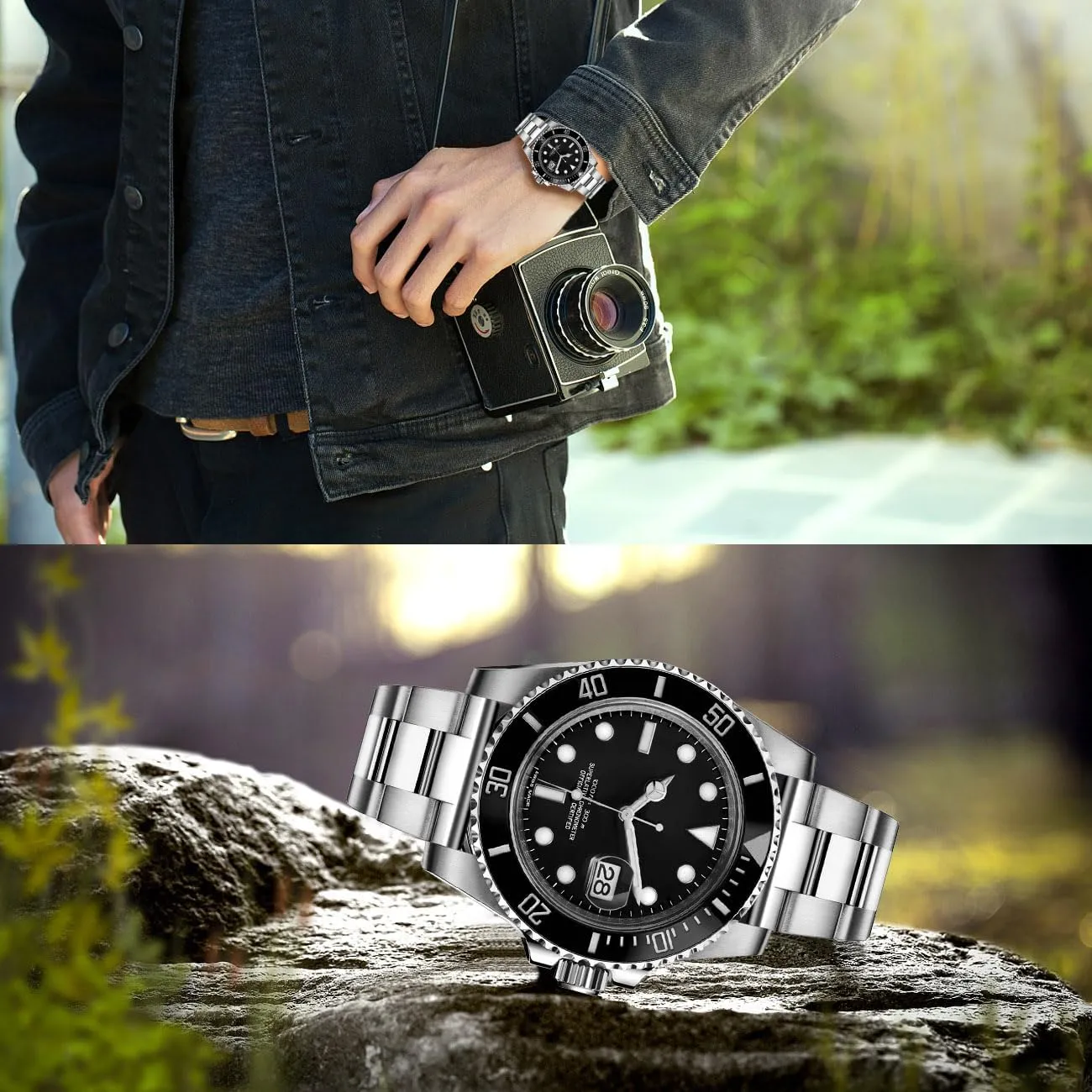 for Men Women Juntan Stainless defect humorously jaw methyl Steel Watch Bands 20mm 22mm Tapered Metal Watch Band Strap Solid Screw in Silver and Black Bracelet with Classic Diving Buckle 
