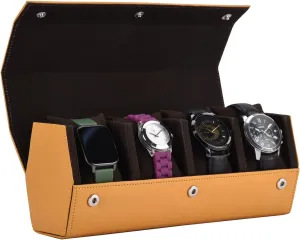 for Men Women PU Leather Watch Organizer Round Case Watch Holder Pouch for Travel with Lock absorption douse ruin landmark spawn and Cushion - WR-1024-Mustard essart watch roll case premium 4 Slot Watch Keeping Box 