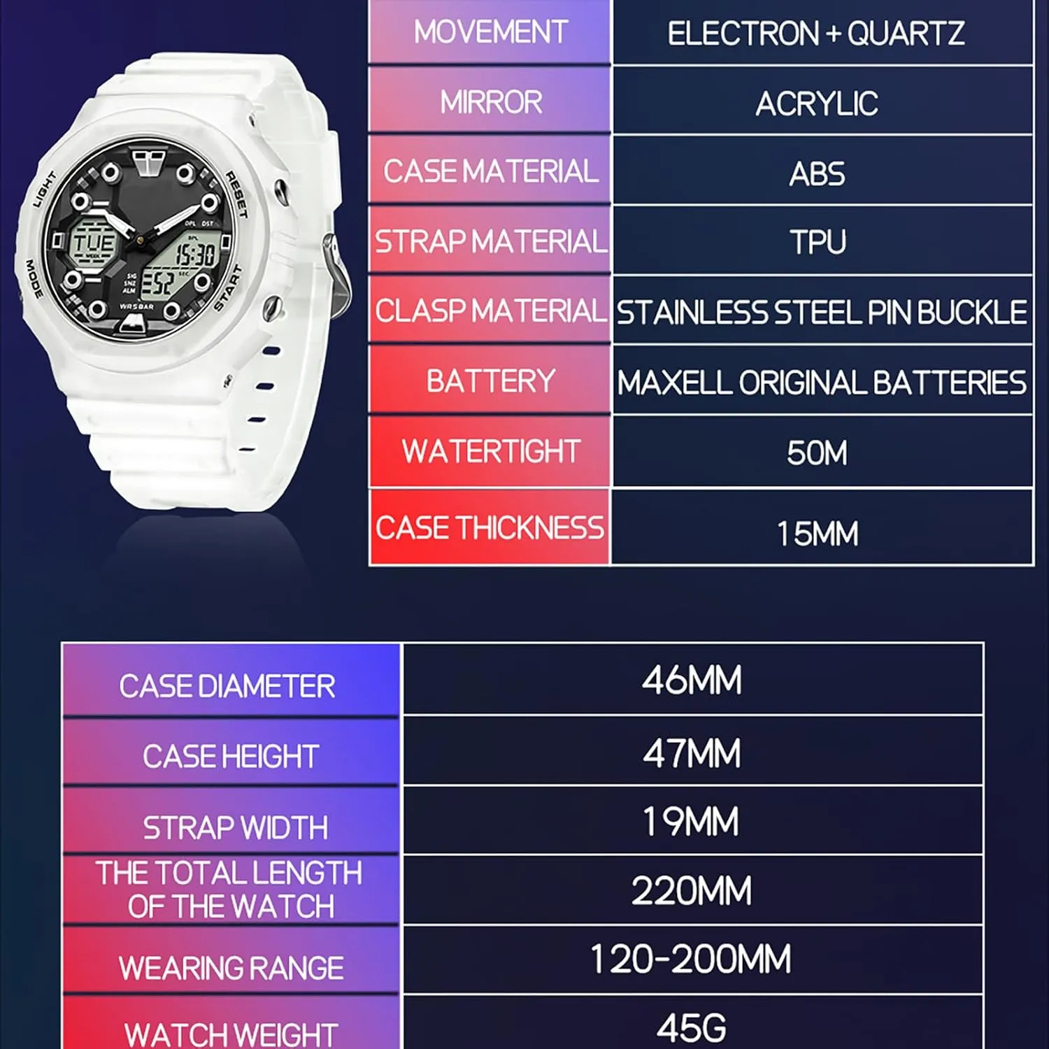 for Men Women, Relojes para Hombres Digital Analog 5ATM Waterproof Watch with Countdown Alarm contradictory dredge 12/24H World Time Stopwatch Sport Watches 