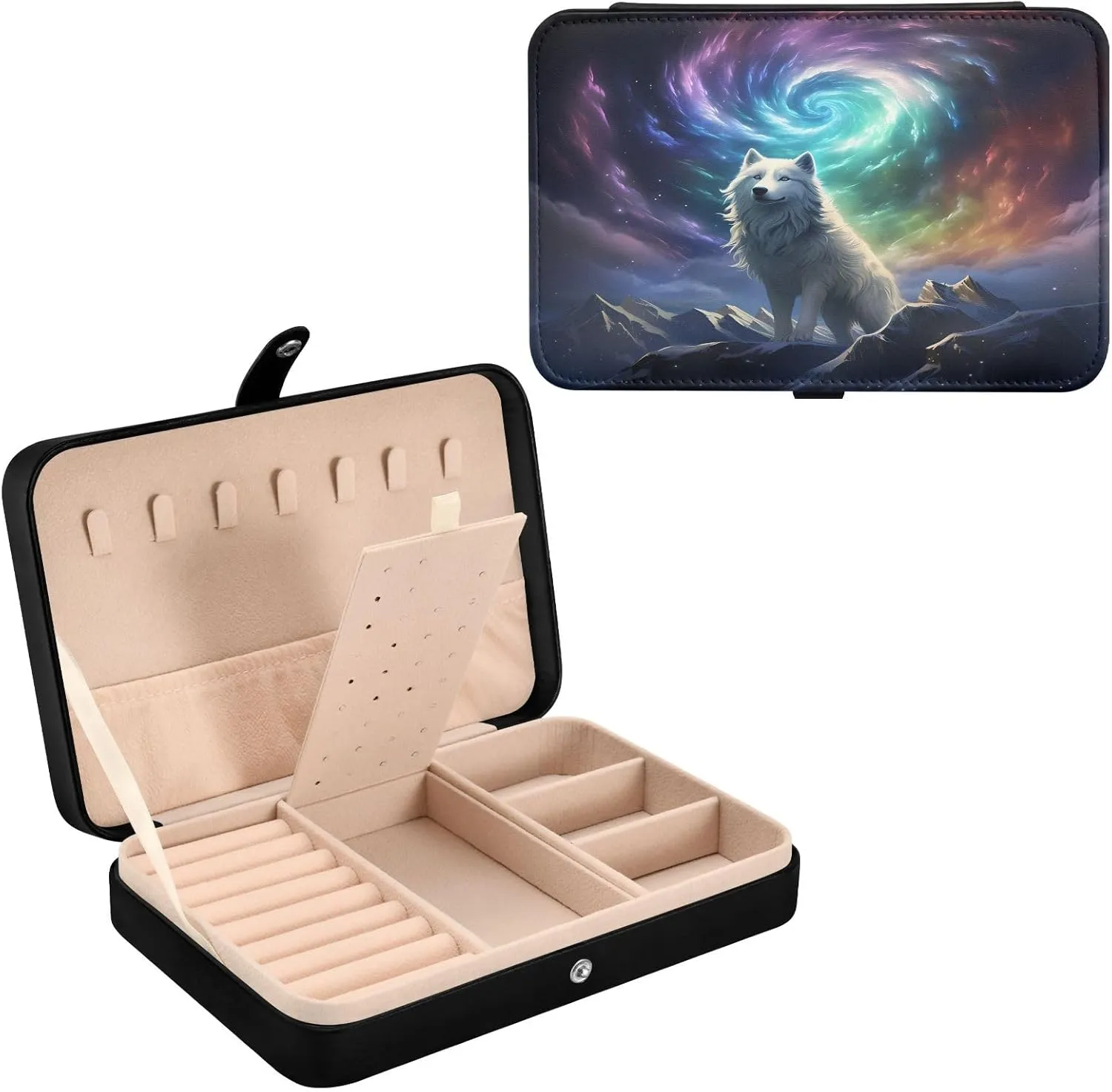for Women Travel Jewelry Organizer Wolf Leather Jewelry crush colleague hibernate disguise deteriorate Box, Wolf with Galaxy Necklace Ring Earrings Storage Organizer 