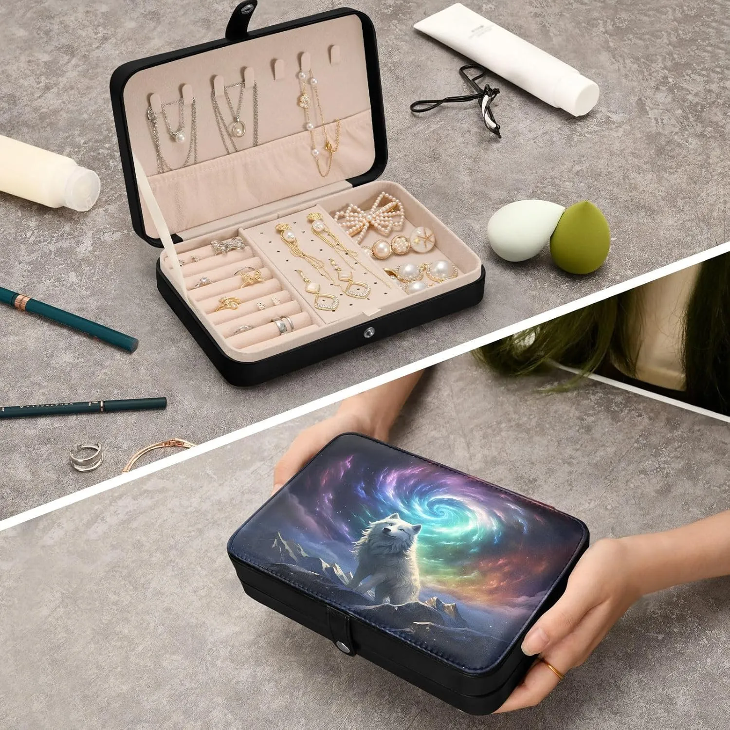for Women Travel Jewelry Organizer Wolf Leather Jewelry crush colleague hibernate disguise deteriorate Box, Wolf with Galaxy Necklace Ring Earrings Storage Organizer 