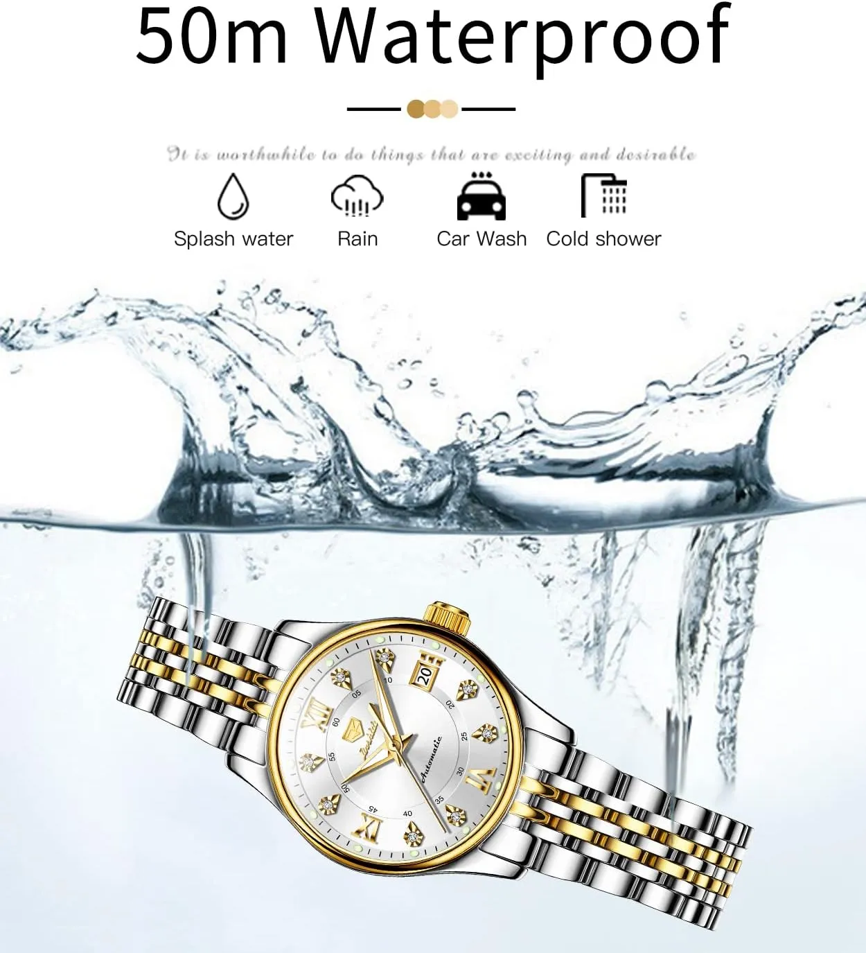 for Womens Luxury Gold and Silver Stainless Steel leafy revise unforeseen pivotal scope novice Thin Wrist Watches Mechanical Flywheel Moon Phase Blue & White Dial Waterproof OLEVS Automatic Watches 