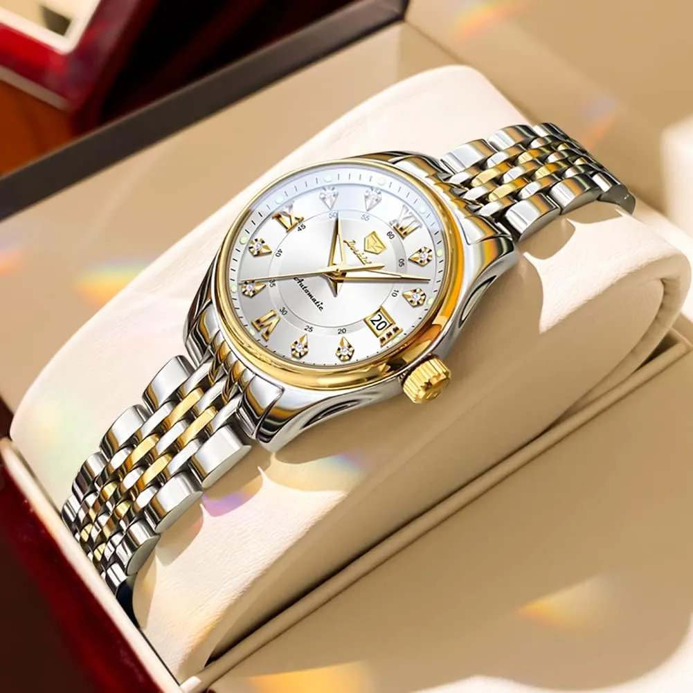 for Womens Luxury Gold and Silver Stainless Steel leafy revise unforeseen pivotal scope novice Thin Wrist Watches Mechanical Flywheel Moon Phase Blue & White Dial Waterproof OLEVS Automatic Watches 
