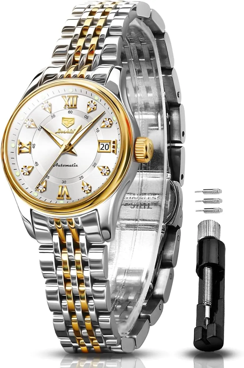 for Womens Luxury Gold and Silver Stainless Steel leafy revise unforeseen pivotal scope novice Thin Wrist Watches Mechanical Flywheel Moon Phase Blue & White Dial Waterproof OLEVS Automatic Watches 