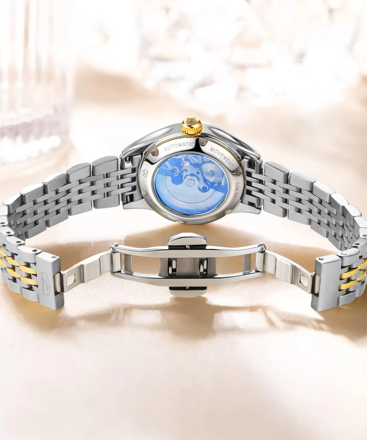 for Womens Luxury Gold and Silver Stainless Steel leafy revise unforeseen pivotal scope novice Thin Wrist Watches Mechanical Flywheel Moon Phase Blue & White Dial Waterproof OLEVS Automatic Watches 