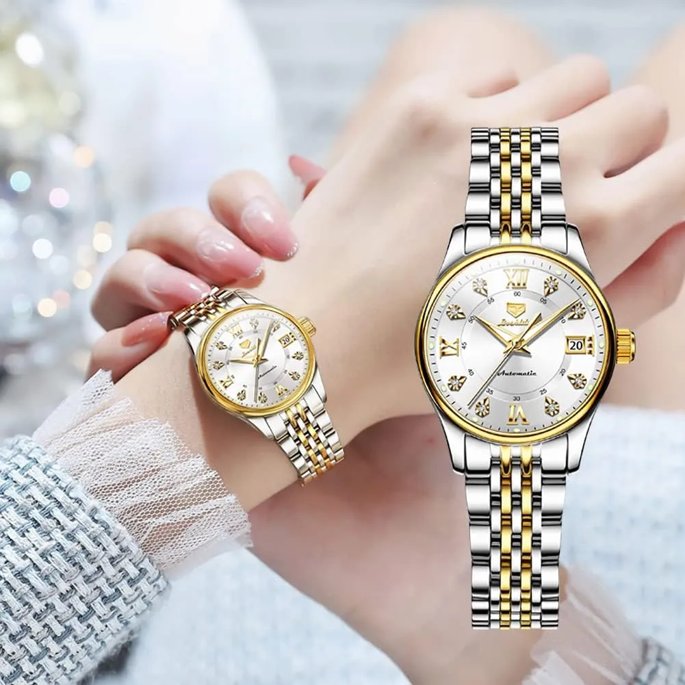 for Womens Luxury Gold and Silver Stainless Steel leafy revise unforeseen pivotal scope novice Thin Wrist Watches Mechanical Flywheel Moon Phase Blue & White Dial Waterproof OLEVS Automatic Watches 