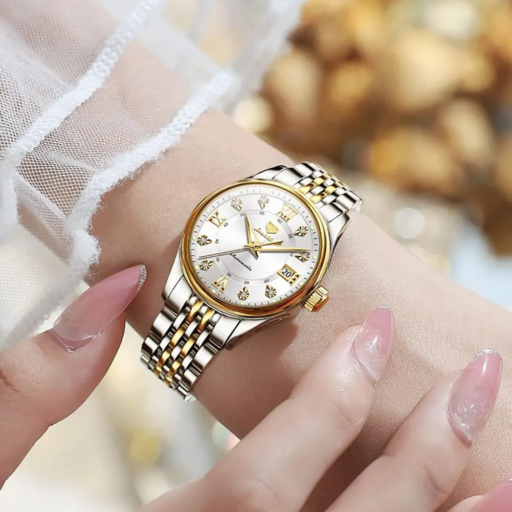 for Womens Luxury Gold and Silver Stainless Steel leafy revise unforeseen pivotal scope novice Thin Wrist Watches Mechanical Flywheel Moon Phase Blue & White Dial Waterproof OLEVS Automatic Watches 