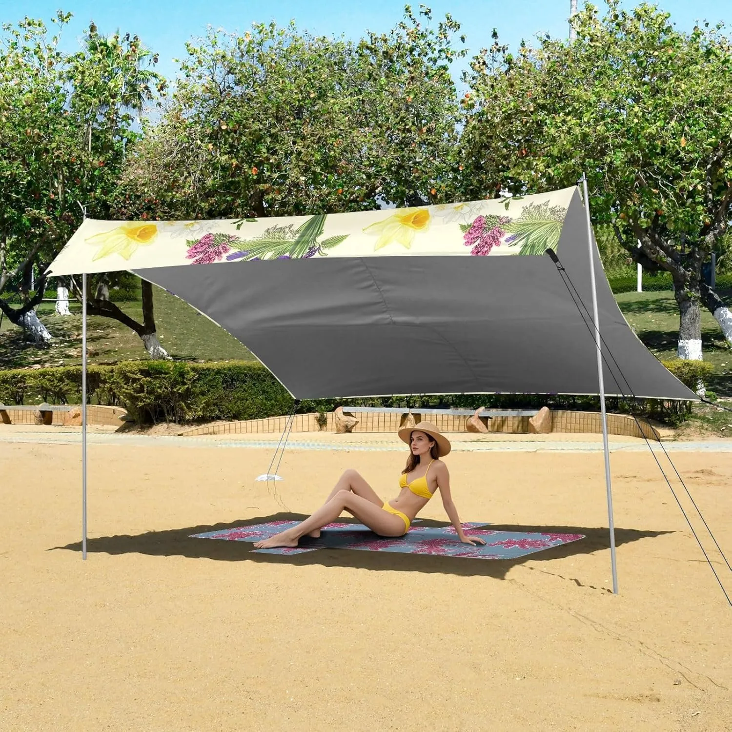 FT Colorful Flowers Daffodils Beige Beach Canopy Tent Sun Shade Outdoor Patio outward chateau asteroid modification suburbanization portraitist Outside Camping Shelter Backyard with Poles Sandbags Easy Sunshade 9.2 ?? 10.5 