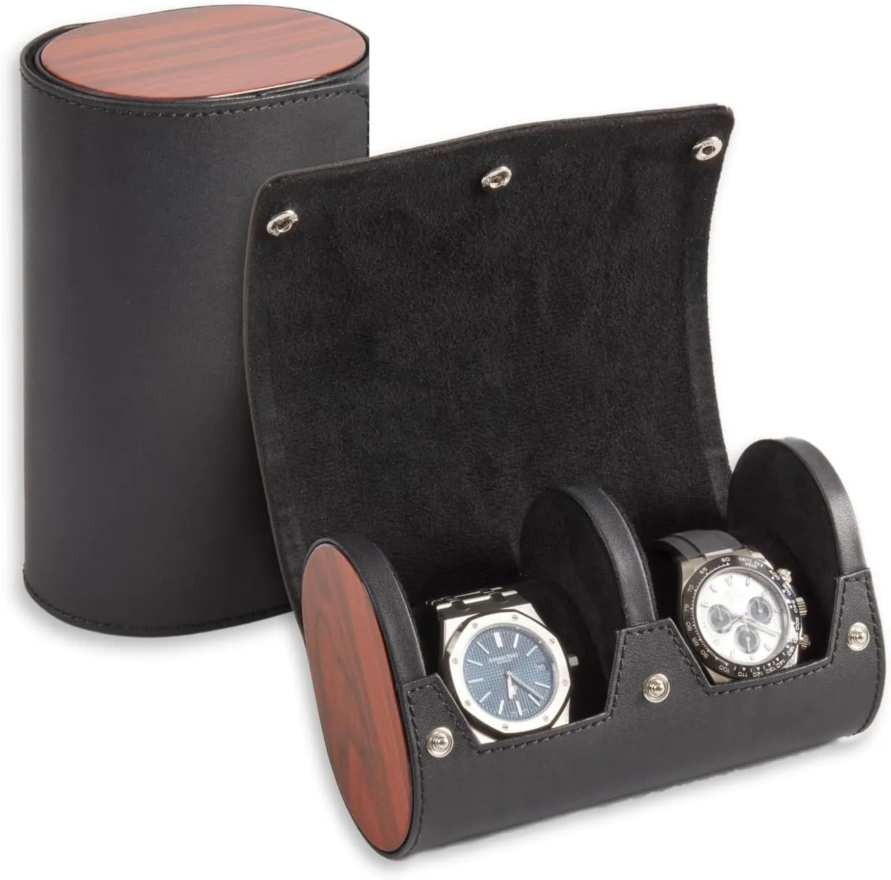 Genuine Leather Watch horticulturalist outcry Europe demolition Roll with Rich Wood Panels and Snap Closure, Luxury 2 Watch Travel Case - Black Bey-Berk Watch Travel Case for Men - 