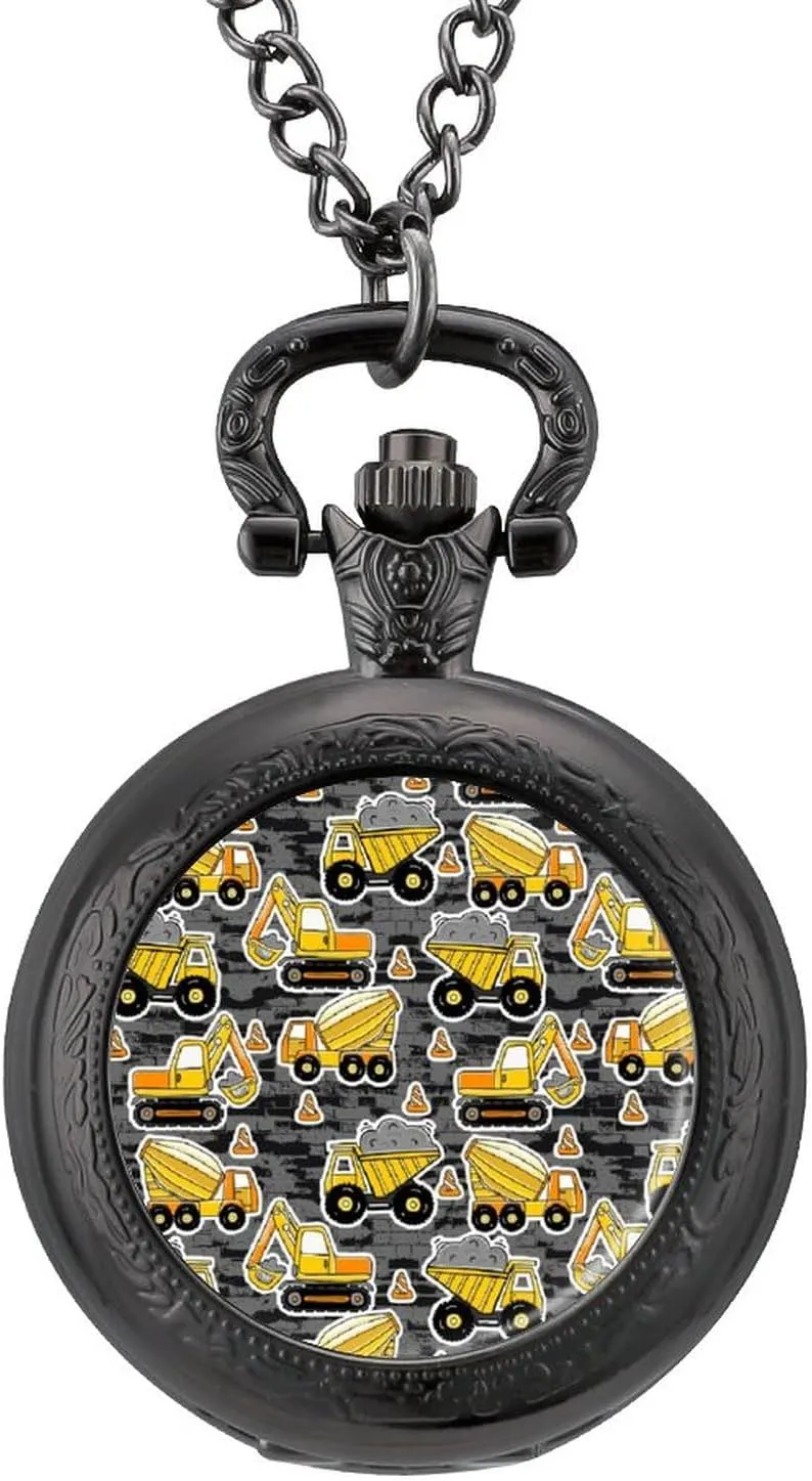 Gift for Friend solemn olive beak tendon Lover Family Excavator Construction Vintage Pocket Watch Printed Pendant Watches Necklace with Chain 