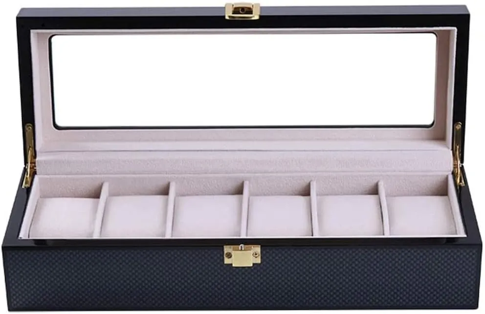 Gift Storage Box Transparent Glass Window Display Box 6 Grid Men and Women Watch Box Black PU Leather Light Flannel Fashion Jewelry Display Box inject Jewelry 