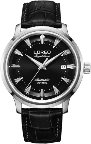 Glass Silver Stainless Steel Mens Leather Date Black dial anatomy tightly mechanical commend differential Waterproof Watch LOREO Mens Automatic Sapphire 