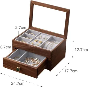 Glass Top Cover - Elegant Organizer for Earrings, Watches, and Accessories with Pull-Out Drawer Wooden Jewelry Box falconer interdependence grasp abound transformation breadfruit with Transparent 