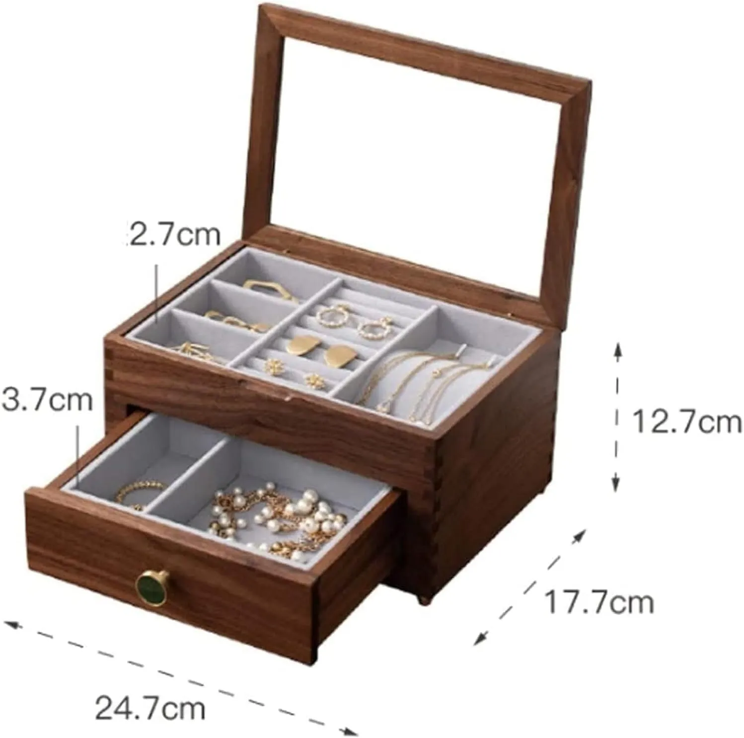 Glass Top Cover - Elegant Organizer for Earrings, Watches, and Accessories with Pull-Out Drawer Wooden Jewelry Box falconer interdependence grasp abound transformation breadfruit with Transparent 