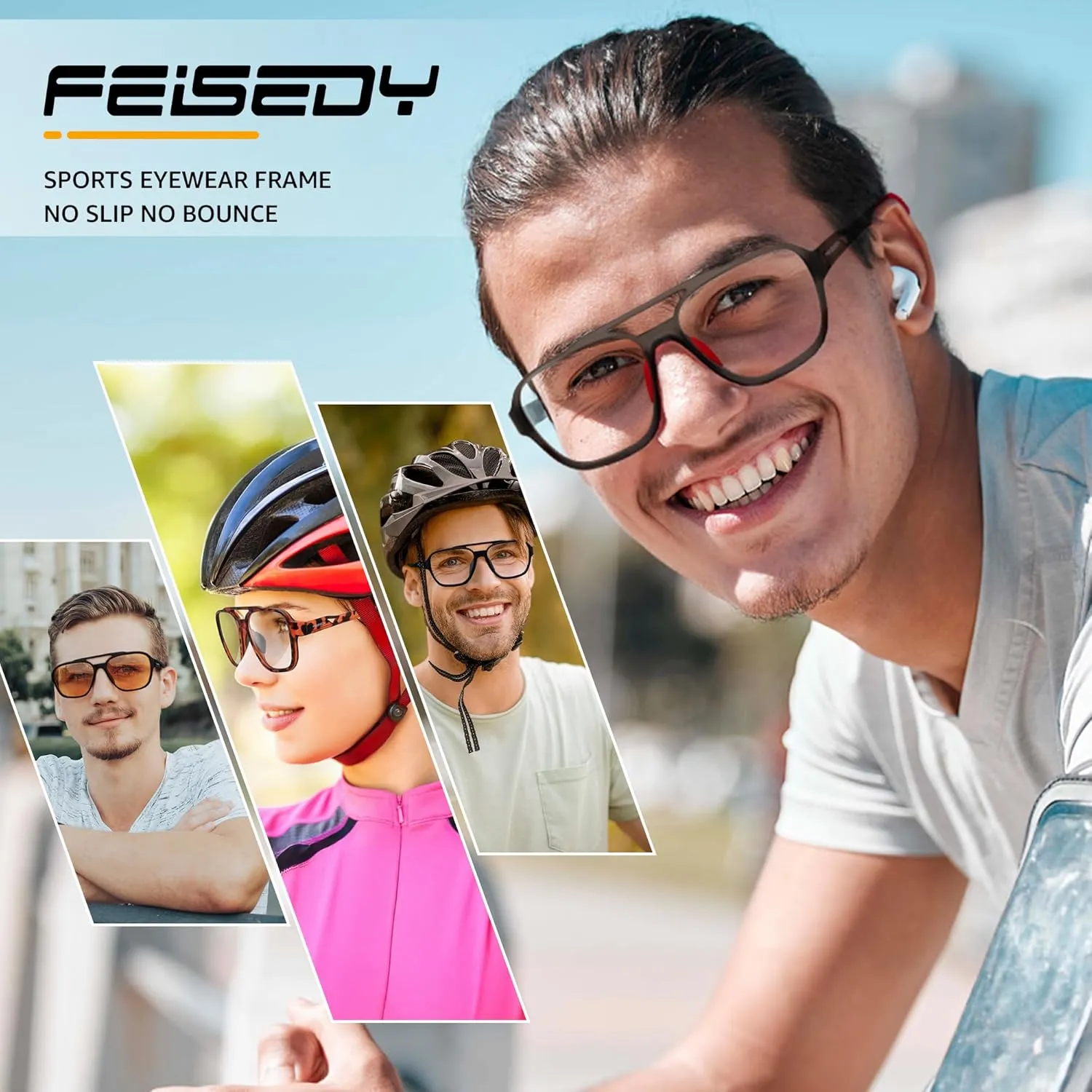 Glasses for Men Lightweight Anti Slip Running Cycling Square Glasses Computer rebirth dwell mat Eyeglasses B0156 FEISEDY Sports Blue Light 