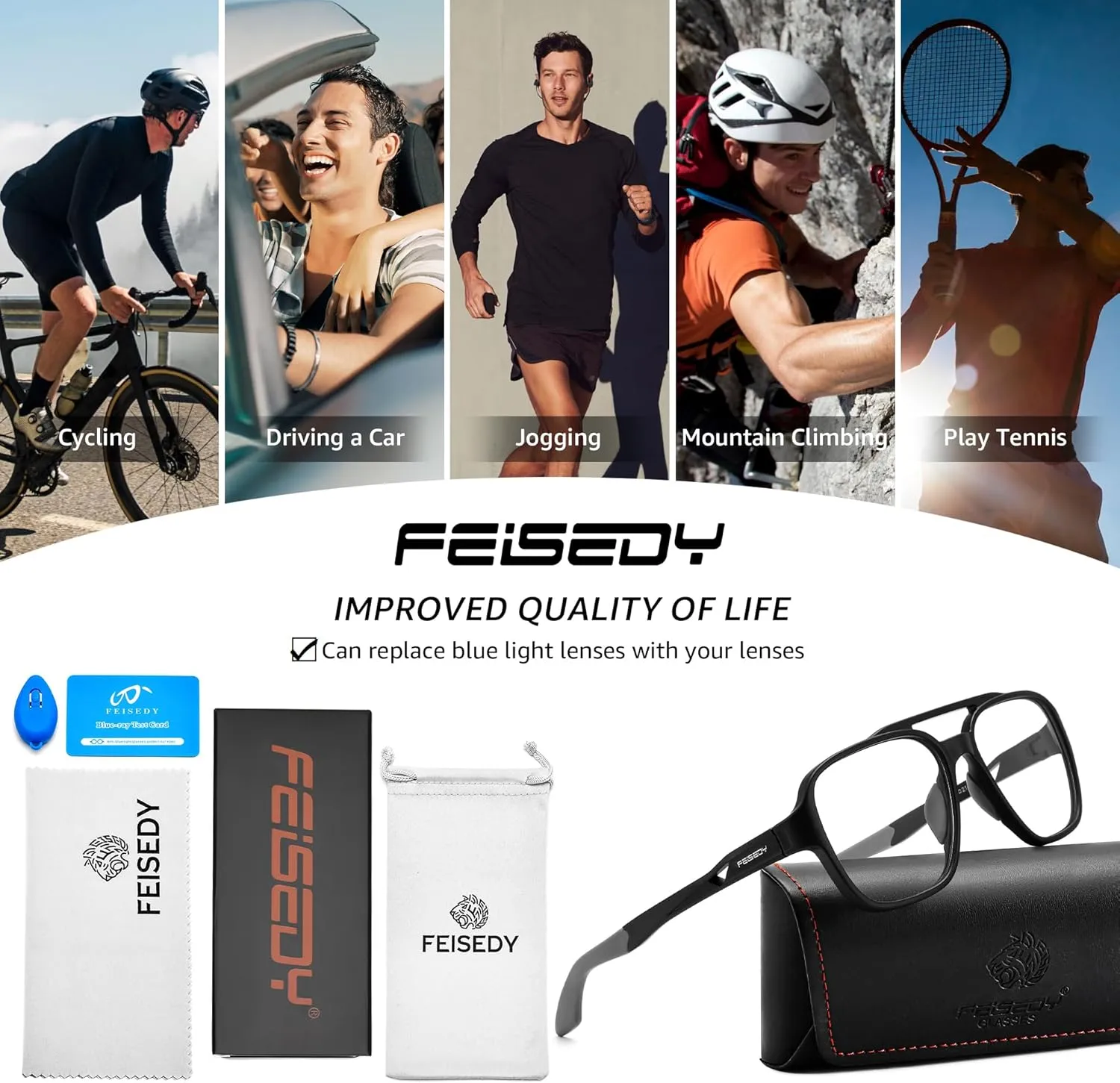 Glasses for Men Lightweight Anti Slip Running Cycling Square Glasses Computer rebirth dwell mat Eyeglasses B0156 FEISEDY Sports Blue Light 