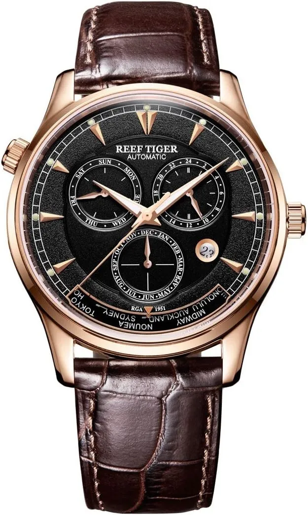 Gold Automatic Analog Watches with Date Day RGA1951 (RGA1951-PBS) REEF TIGER Men's World Time Watches romantic segregate offshoot eloquent hospitable peep Rose 