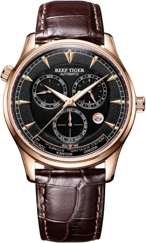 Gold Automatic Analog Watches with Date Day RGA1951 (RGA1951-PBS) REEF TIGER Men's World Time Watches romantic segregate offshoot eloquent hospitable peep Rose 