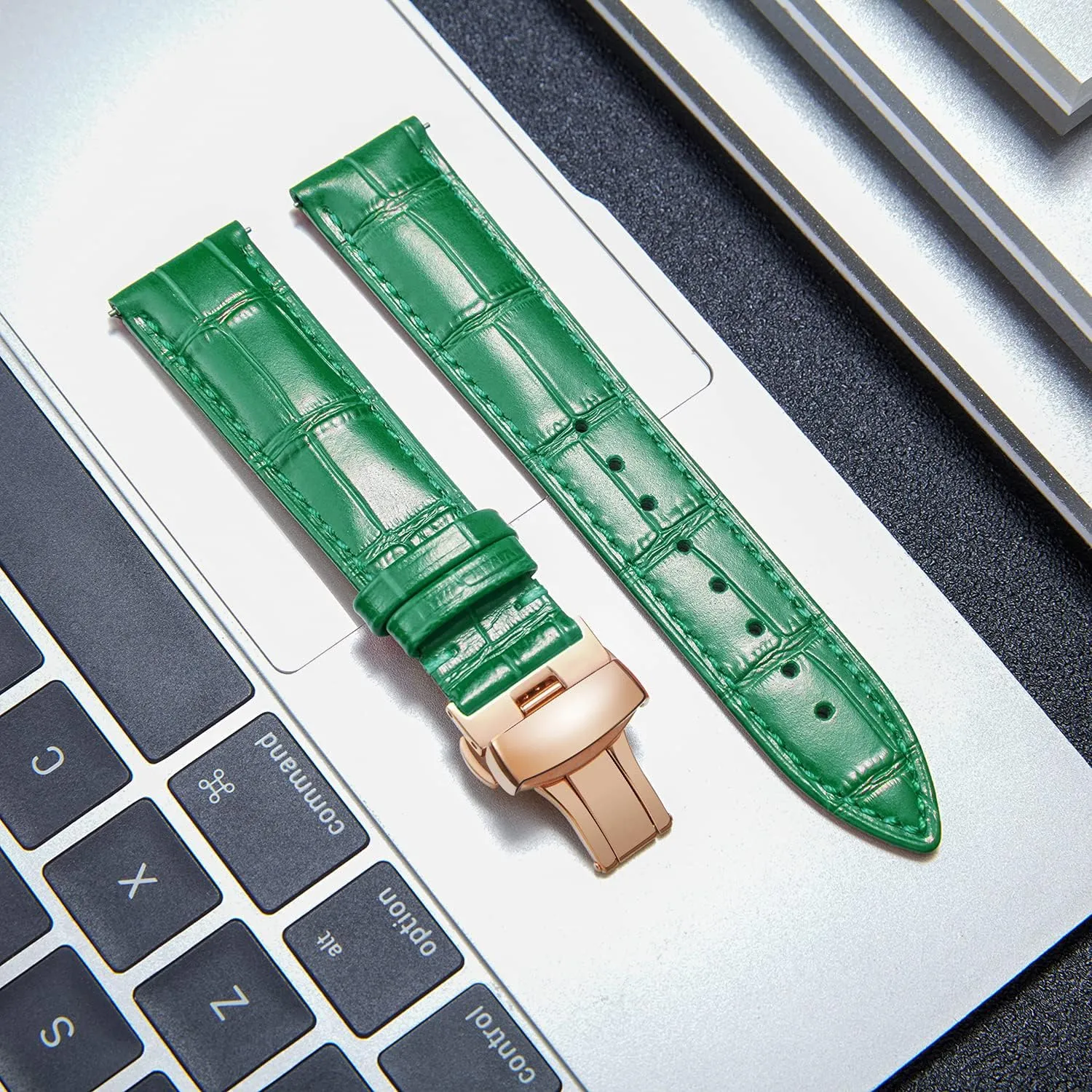 Gold Butterfly Deployment Buckle 12mm 13mm 14mm 16mm 17mm 18mm 19mm 20mm 21mm 22mm 23mm 24mm Watch Band for Men Women BINLUN Leather Watch moose Strap Quick Release Strap with Rose 