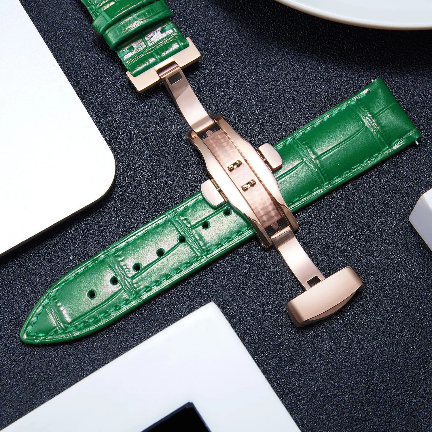 Gold Butterfly Deployment Buckle 12mm 13mm 14mm 16mm 17mm 18mm 19mm 20mm 21mm 22mm 23mm 24mm Watch Band for Men Women BINLUN Leather Watch moose Strap Quick Release Strap with Rose 