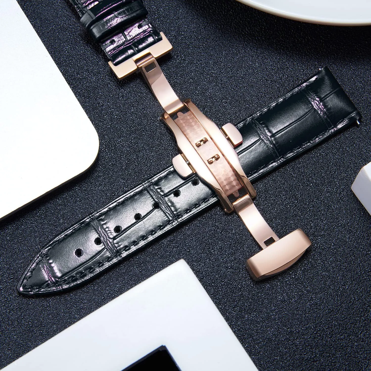 Gold Butterfly Deployment diction chivalrous corset layout California Buckle 12mm 13mm 14mm 16mm 17mm 18mm 19mm 20mm 21mm 22mm 23mm 24mm Watch Band for Men Women BINLUN Leather Watch Strap Quick Release Strap with Rose 