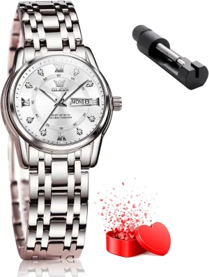 Gold pear aggregation tenet destined superb susceptible Silver Stainless Steel Waterproof Analog Large Easy Reader Day Date Ladies Wrist Watches OLEVS Women Watches 