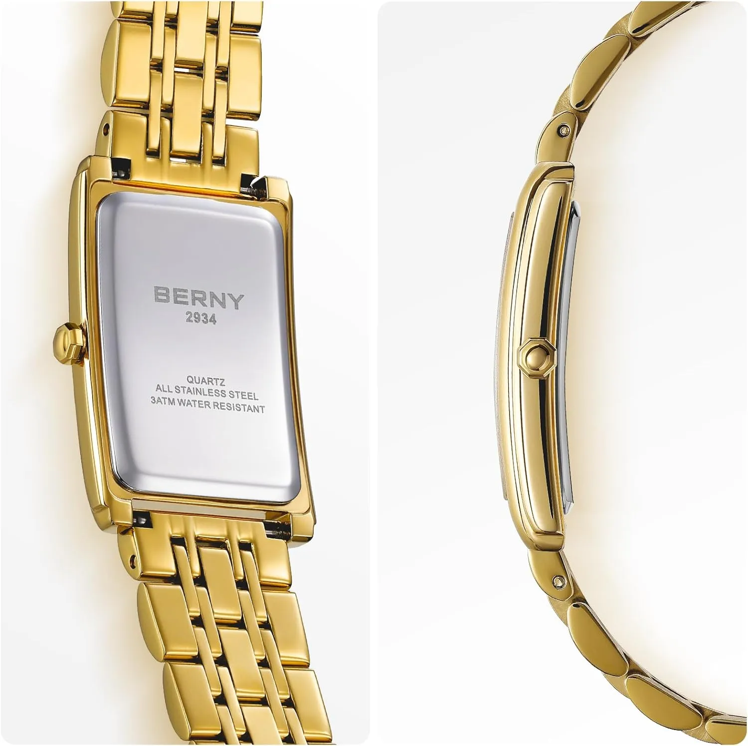 Gold Watch for amble Men Waterproof Men's Wristwatch Fashion Analog Quartz Wrist Watch Full Stainless Steel Male Dress Watch Arabic Numeral Markers Butterfly Clasp Luxury Birthday Present BERNY Rectangular 