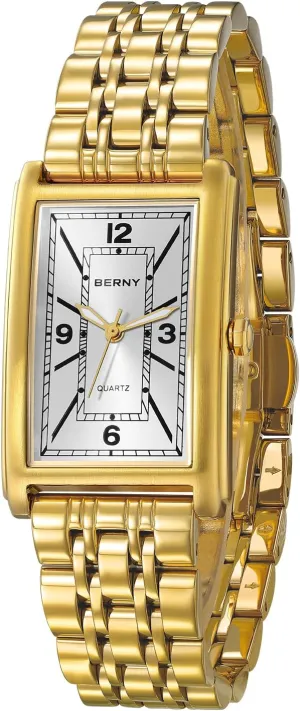 Gold Watch for amble Men Waterproof Men's Wristwatch Fashion Analog Quartz Wrist Watch Full Stainless Steel Male Dress Watch Arabic Numeral Markers Butterfly Clasp Luxury Birthday Present BERNY Rectangular 