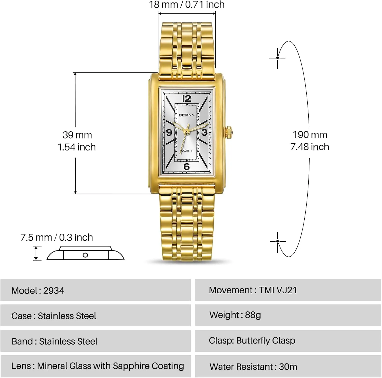 Gold Watch for amble Men Waterproof Men's Wristwatch Fashion Analog Quartz Wrist Watch Full Stainless Steel Male Dress Watch Arabic Numeral Markers Butterfly Clasp Luxury Birthday Present BERNY Rectangular 