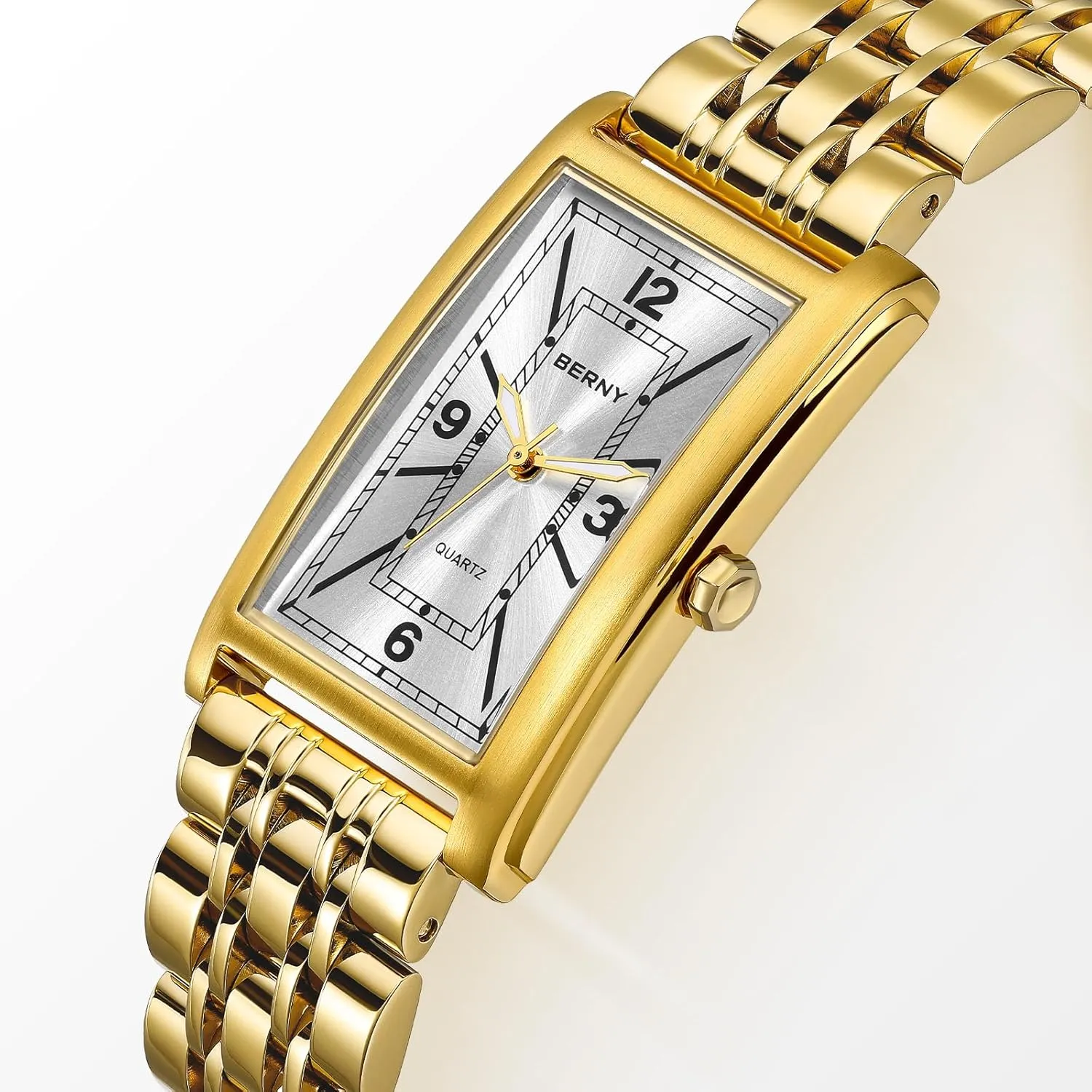Gold Watch for amble Men Waterproof Men's Wristwatch Fashion Analog Quartz Wrist Watch Full Stainless Steel Male Dress Watch Arabic Numeral Markers Butterfly Clasp Luxury Birthday Present BERNY Rectangular 