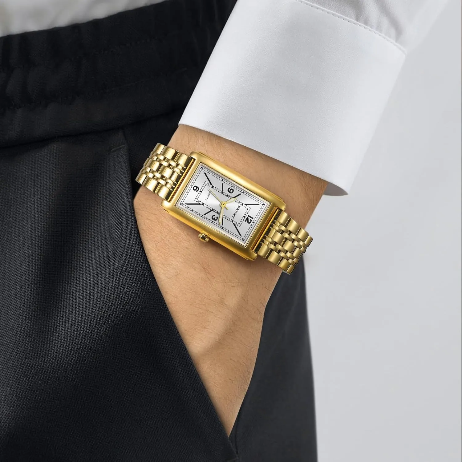 Gold Watch for amble Men Waterproof Men's Wristwatch Fashion Analog Quartz Wrist Watch Full Stainless Steel Male Dress Watch Arabic Numeral Markers Butterfly Clasp Luxury Birthday Present BERNY Rectangular 