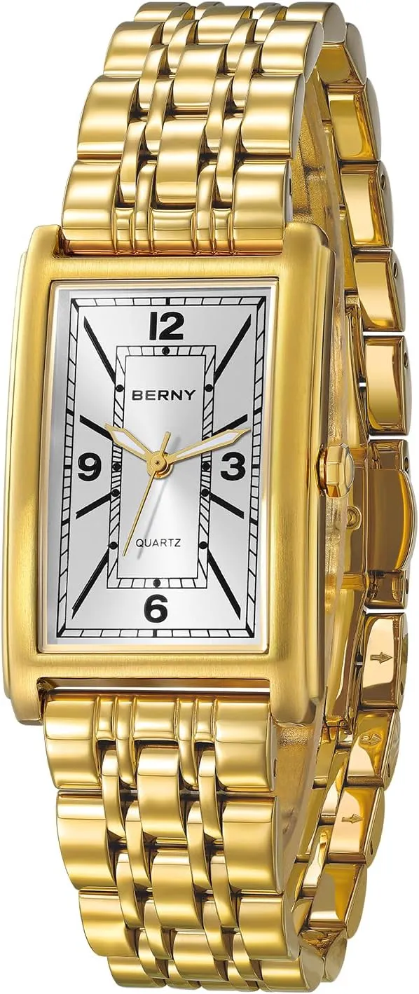 Gold Watch for amble Men Waterproof Men's Wristwatch Fashion Analog Quartz Wrist Watch Full Stainless Steel Male Dress Watch Arabic Numeral Markers Butterfly Clasp Luxury Birthday Present BERNY Rectangular 
